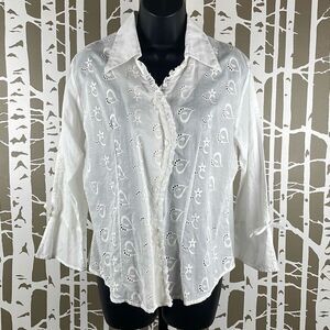 Cotton Sheer Eyelet Floral Hearts Button Front Top L